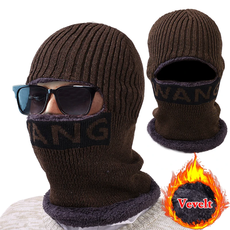 

Men Winter Knit Fur Mask Cap Outdoor Warm Thicken Plus Velvet Hat With Scarf Ski Windproof Full Face Cover Bonnet Hats Beanies