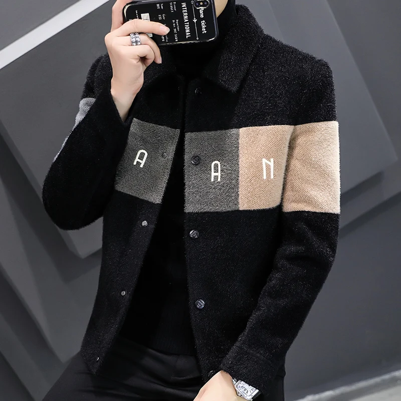 

2022 Winter Wool Blends Jacket Men Short Casual Business Trench Coat Slim Stitching Windbreaker Social Streetwear Overcoat