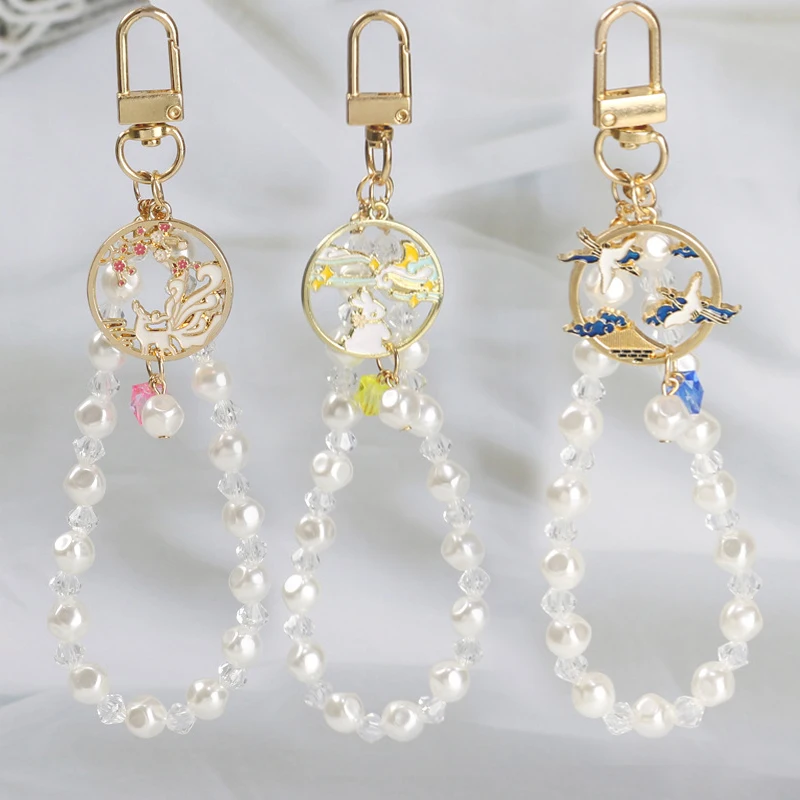 

Korean Imitation Pearl Gem Key Chains Short Pink Green Rhinestone Keyring for Women Car Bag Airpods Pendant Keyfob Accessories