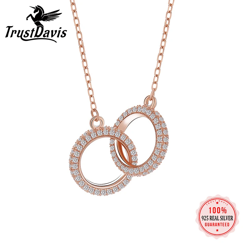 

TrustDavis 2022 New 925 Sterling Silver Pendant Necklace Women Elegant Zircon Double Circle Pendant Necklace Clavicle Chain K013