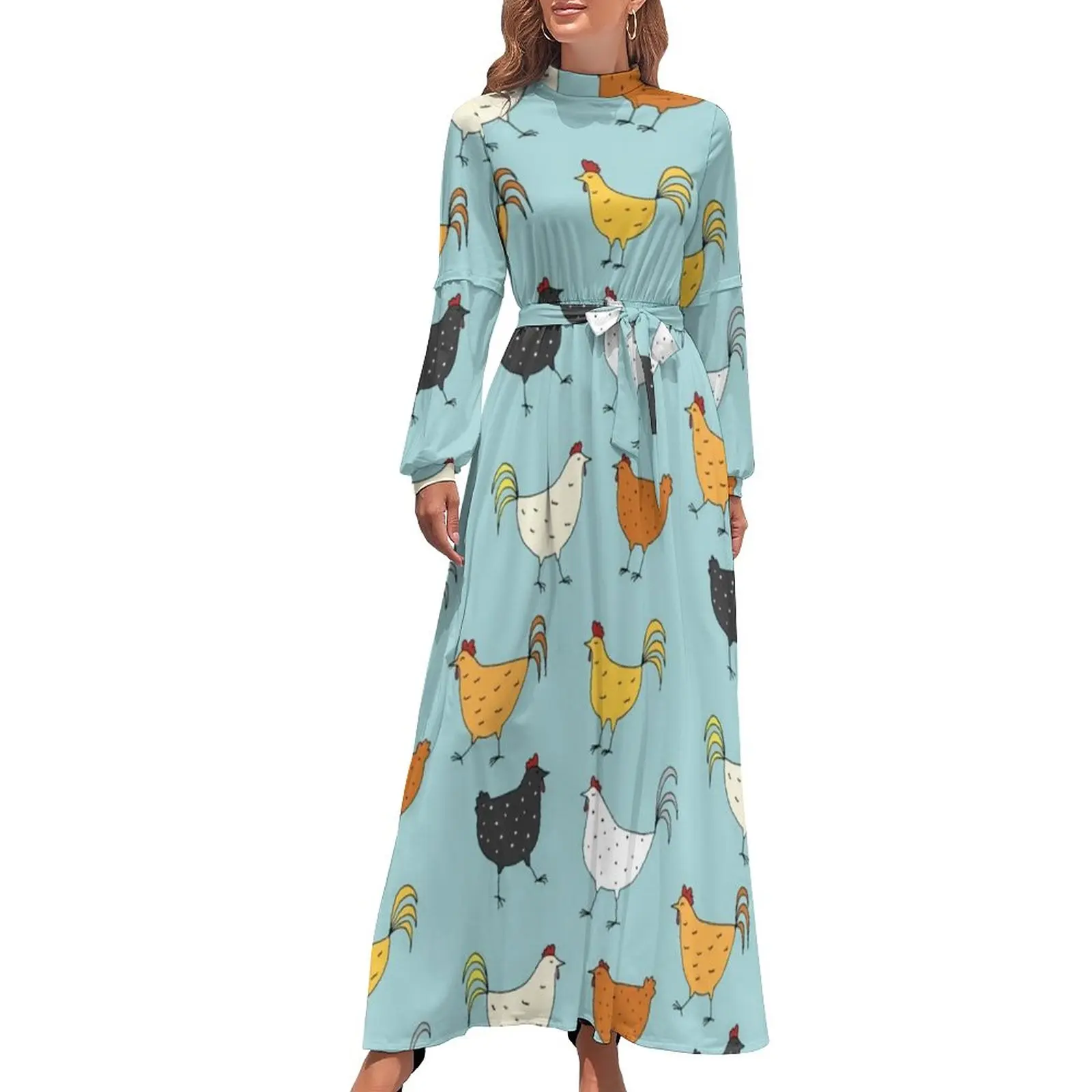 

Chicken Dress Long Sleeve Rooster Patterns Autumn Dresses Cheap Women Pretty One-Piece Dress