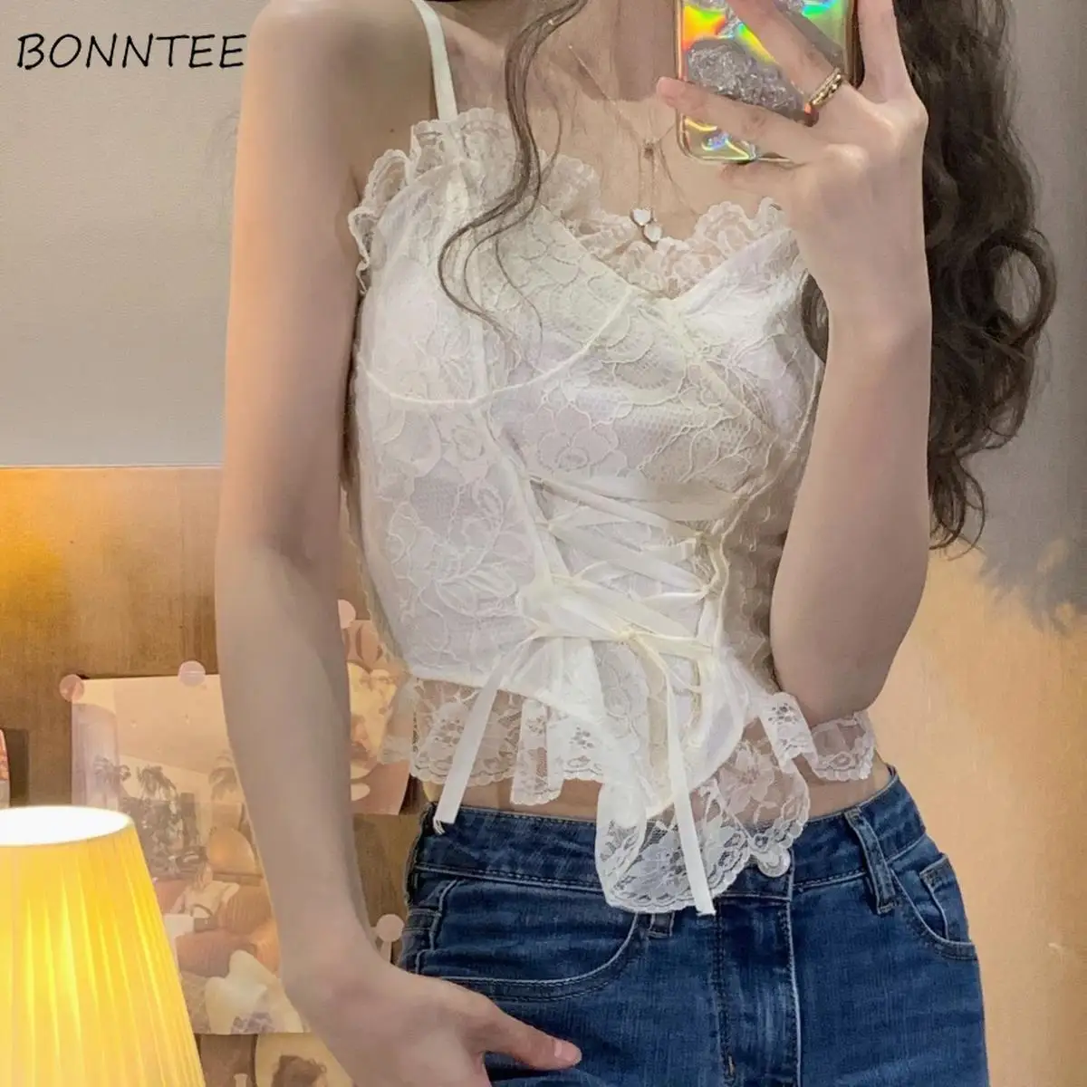 French Style Camisole Women Bandage Design Sexy Femme Inside Sleeveless Slim Summer Club Wear Casual Crops Tops Soft Clothes Y2k
