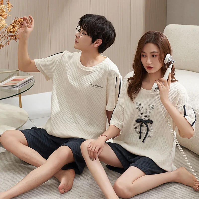 

2022 Summer Couple Short Sleeve Cotton Pajama Sets for Men Korean Loose Sleepwear Suit Pyjama Women Homewear Lounge Home Clothes