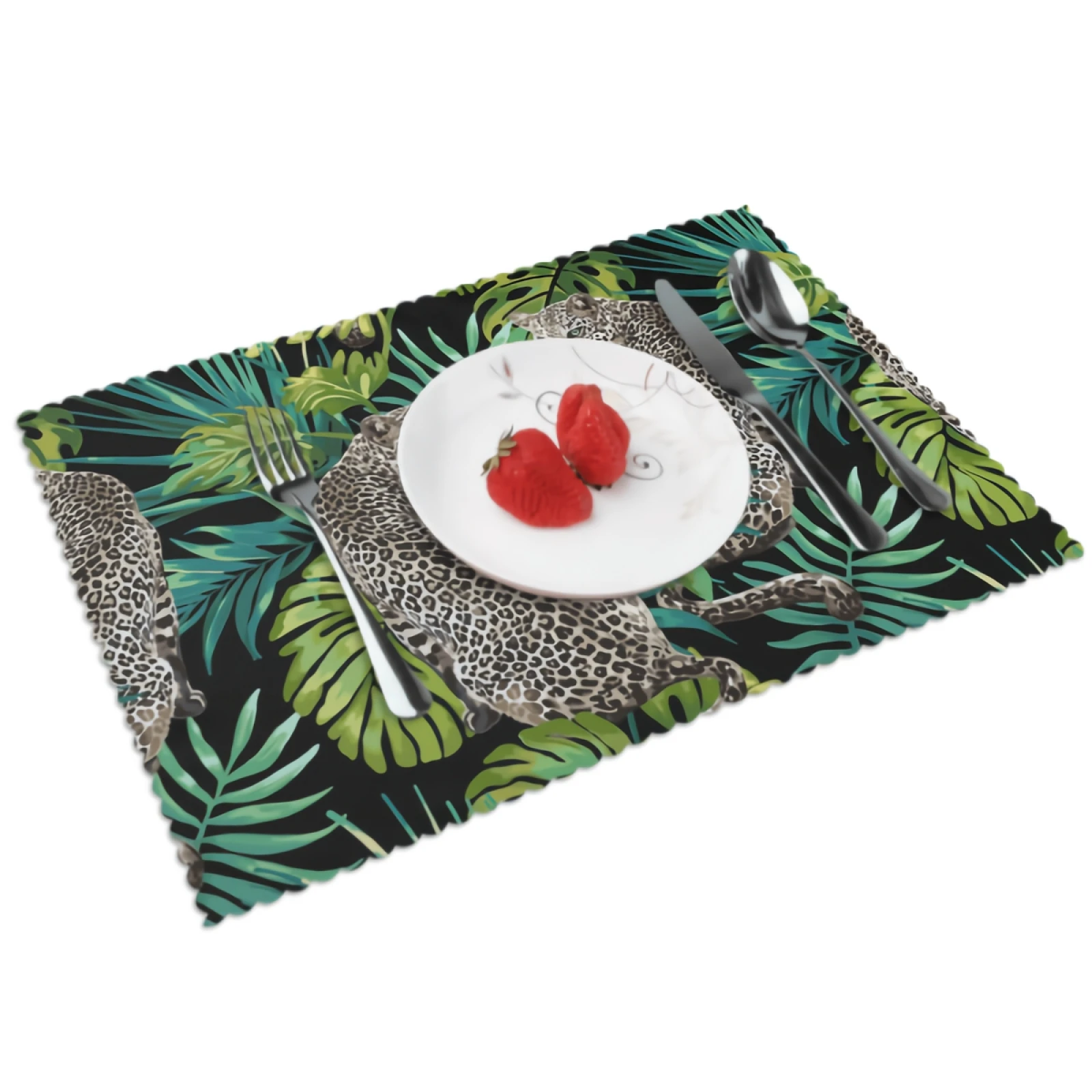 

Two Leopards Placemats Tropical Leaves Plant Print Placemat Set of 4 Heat-Resisting Non Slip Table Mats