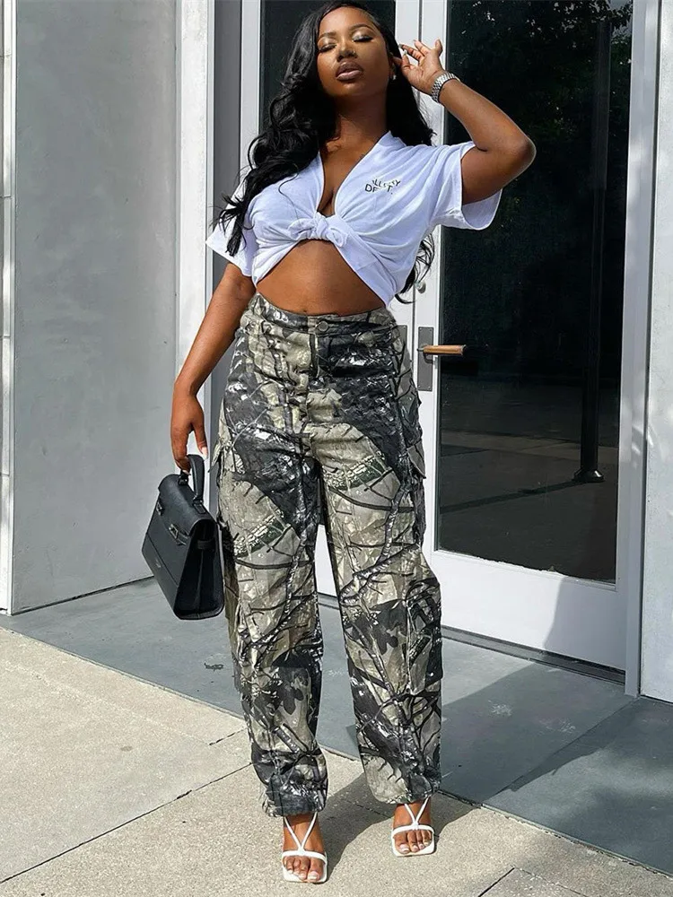 

hirigin Camouflage Cargo Pants Women Autumn 2022 Vintage Pockets Trousers Harajuku Y2k Pants Casual Hipster Streetwear Grunge