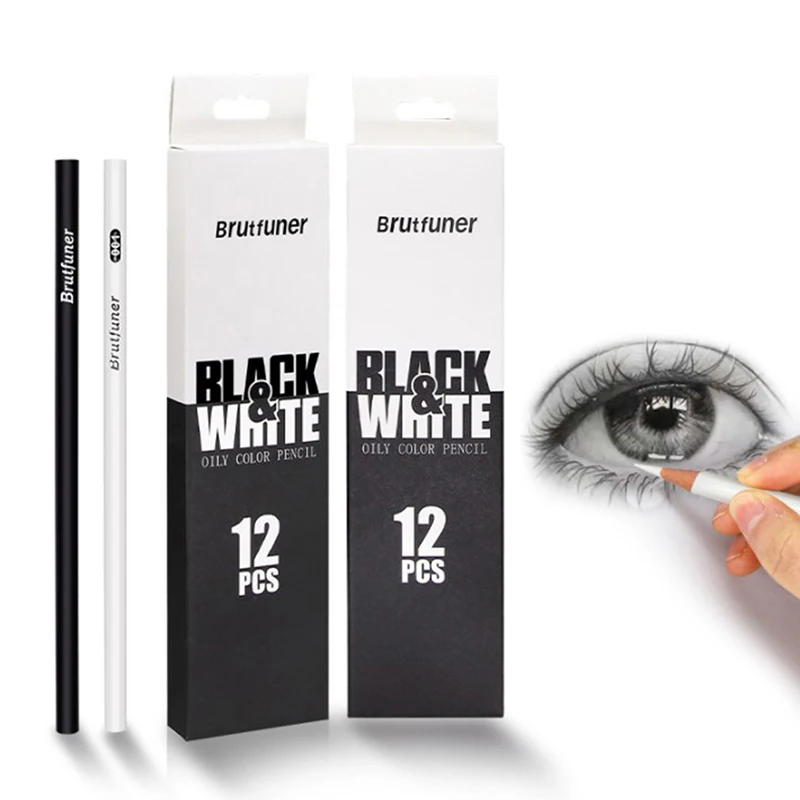 

12Pc White & Black Colored Pencils Professional Oil Color Pencil Drawing Pencil Set Sketch School Student Art Supplies