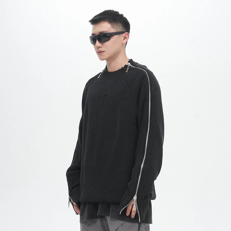 CATSSTAC 22AW Minimalism Men's Loose Casual Knitted Sweater With Double 2-Way Zipper Black Round Neck Sweater Streetwear