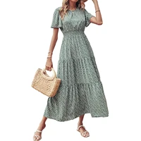 womens boho maxi long dress summer casual round neck short sleeve elastic waist floral printed a line dress vacation y2k