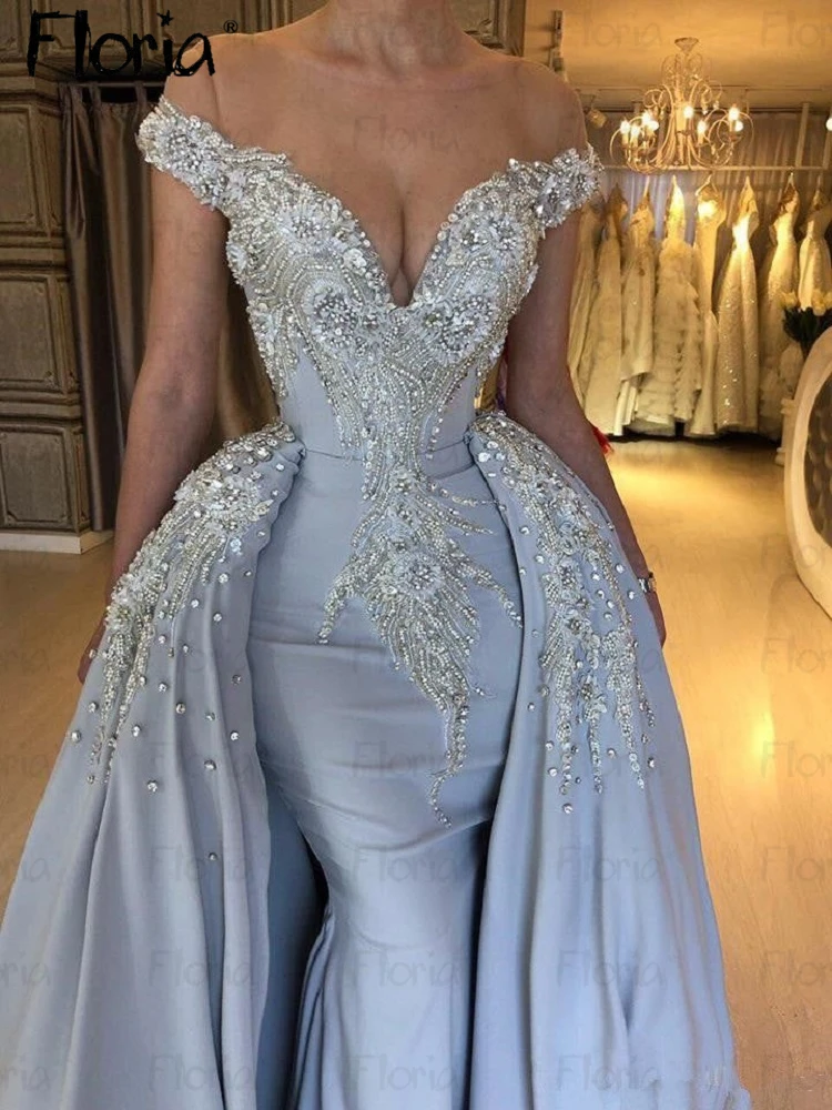 

Custom Made Light Blue Off Shoulder Formal Evening Dress Plus Size Wedding Party Gowns Beaded Lace Appliqued Vestidos De Noche
