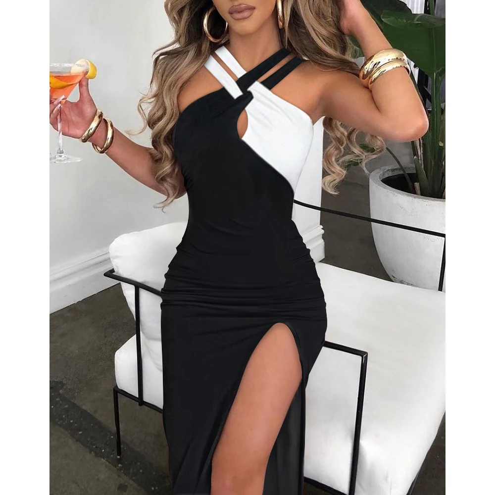 

Summer Woman Chic Sexy Colorblock Crisscross Halter High Slit Sleeveless Maxi Skinny Party Dress Female 2022