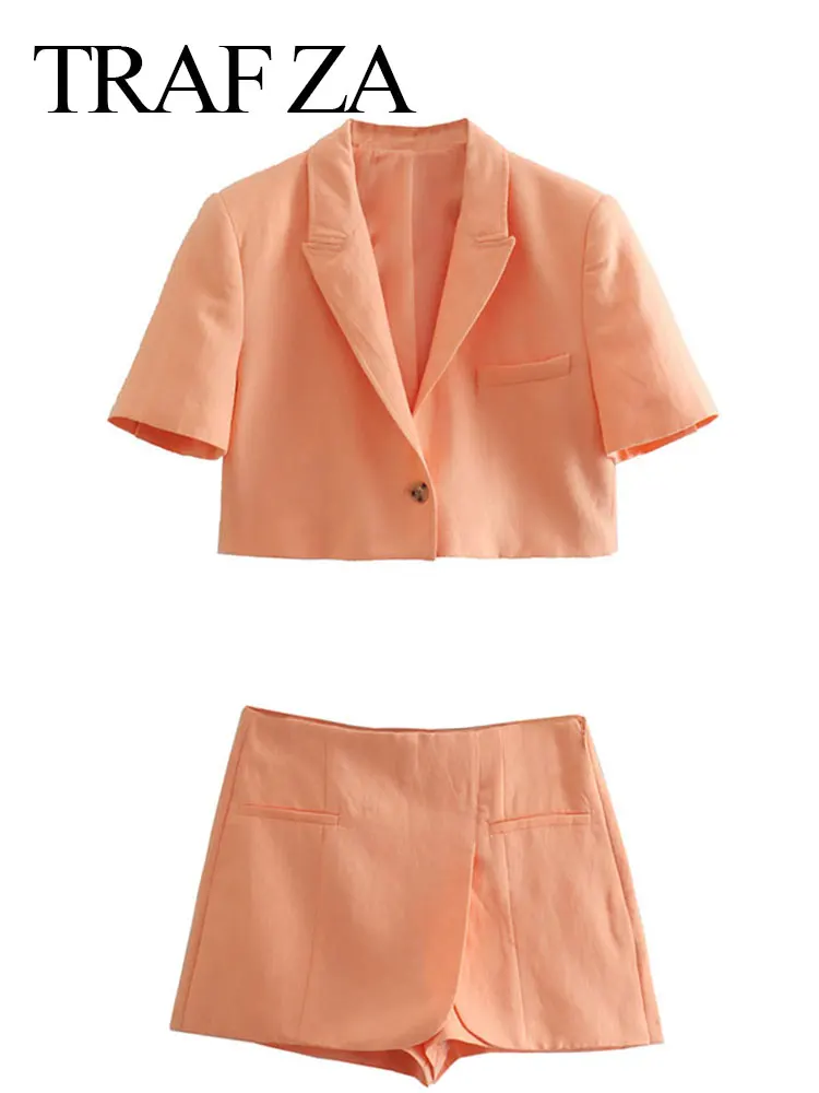 

TRAF ZA One Button Suit Top Straight Shorts Women's Clothing Two Piece Light Orange Daily Commuter Office Short Ladies Suit