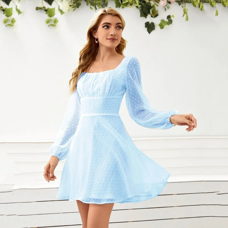 

2023New Dress， Summer Women Dress High Waist A Line Long Sleeve Ruffle Hem Short Lace Solid Color Casual Beach Dress