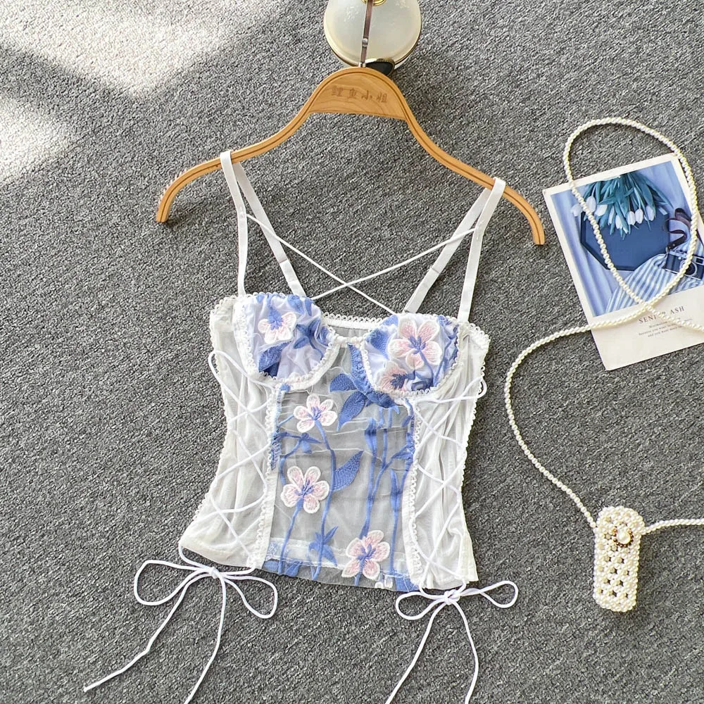 

Элегантная сетчатая майка в стиле пэчворк, женские майки на тонких бретельках с вышивкой, женские топы, женские майки с кулиской, Майки