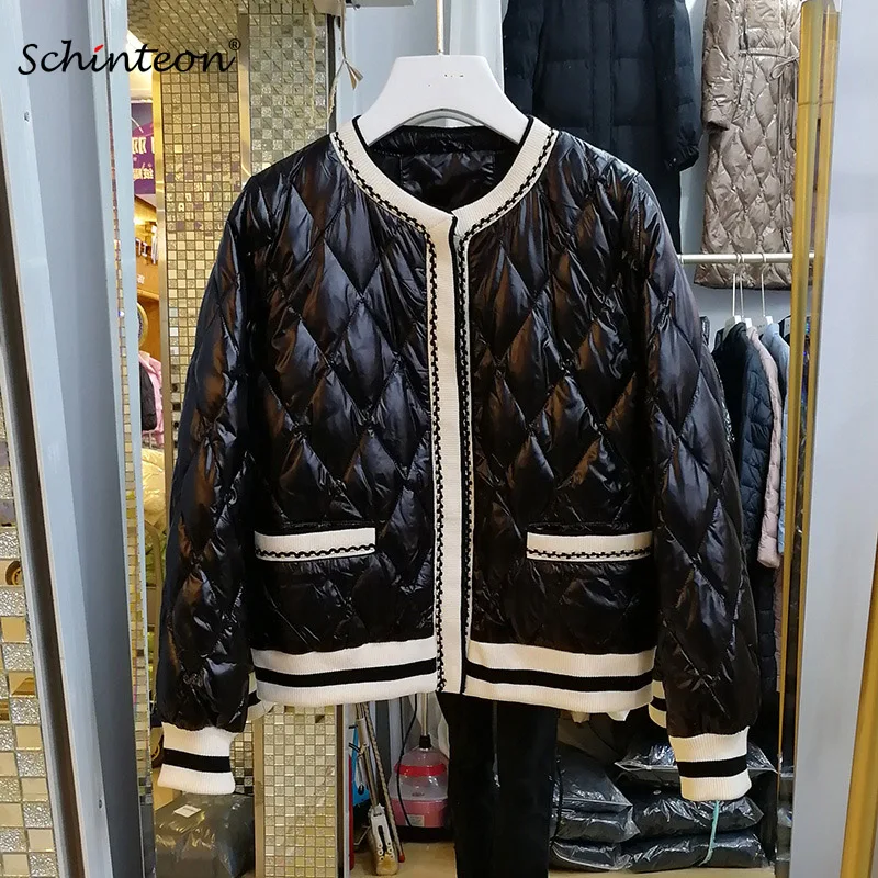 Schinteon Women Diamond White Duck Down Jacket O-Neck Collar Fashion High Street Autumn Winter Warm Short Outwear Coat 2022 New