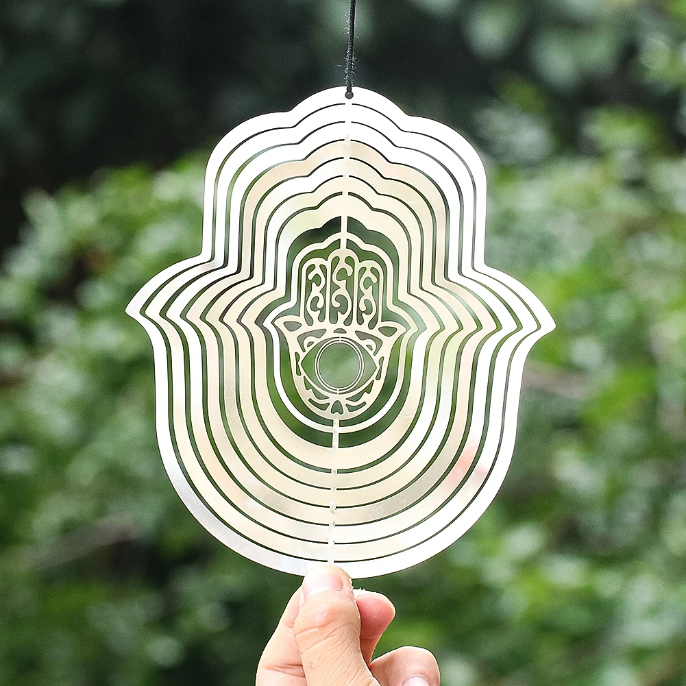 

Amulet Fatima Wind Spinner Hanging Stainless Steel 3D Rotate Wind Chimes Flowing Visual Effect Yard Garden Decor Bird Repellent