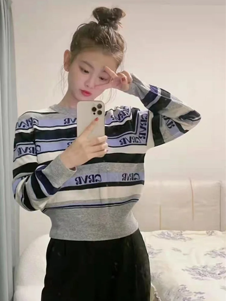 

Fall New Women Striped Patchwork Monogram Knit Pullover Sweater Top