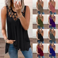 womens summer new plus size vest fashion solid color sleeveless t shirt o neck casual loose sexy hollow stitching top s 5xl