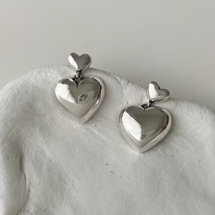 

Trendy Silver Double Heart Earrings for Women Vintage Temperament Drop Earring Jewelry Prevent Allergy Party Accessories Gifts