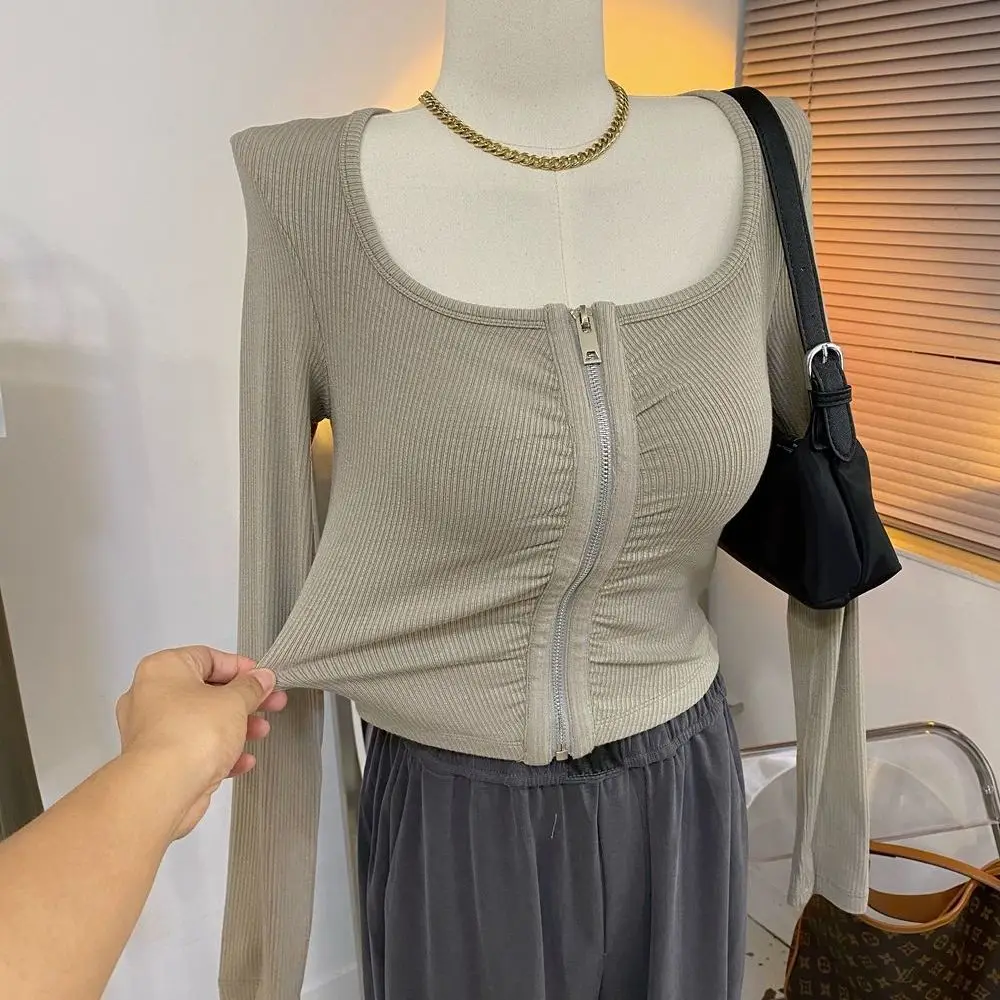 

BEENLE Simple Square Collar Pit Strip Fold Zipper Slim Bottoming Shirt Long Sleeve Cardigan Woman Autumn Winter Leggings T-shirt