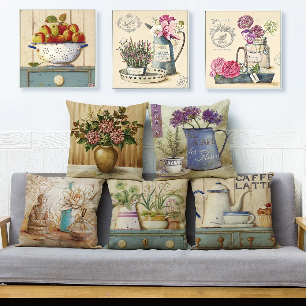 Retro Flowers Bonsai Cushion Cover for Sofa Home Car Decor Hand Painted Plant Floral Pillow Case Polyester Throw Pillowcase 45x4