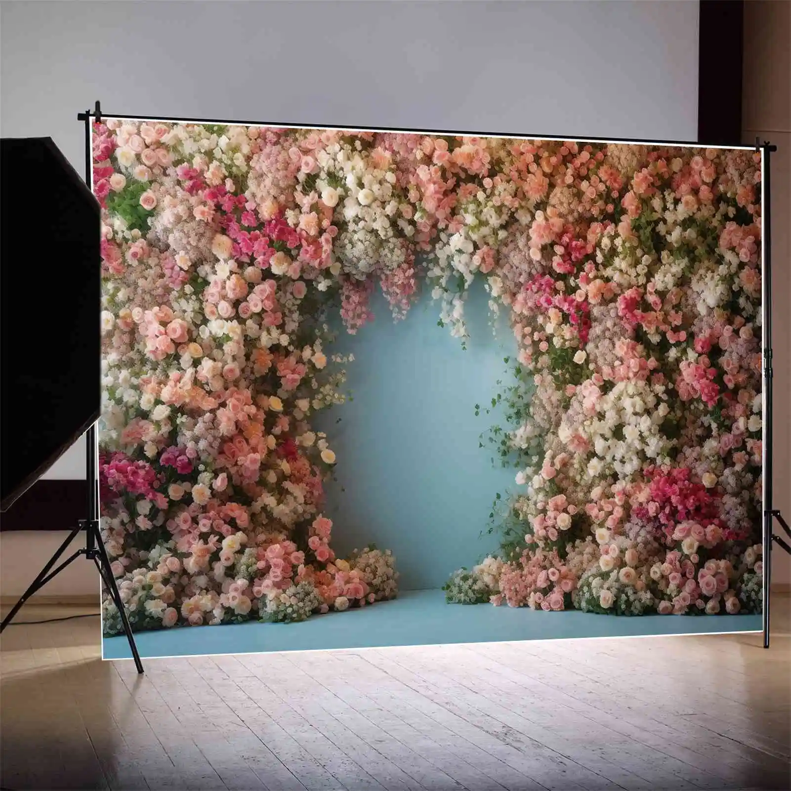 

MOON.QG Background Pink Floral Flower Door Frame Birthday Party Backdrop Custom Girls Blue Wall & Floor Decoration Photo Booth