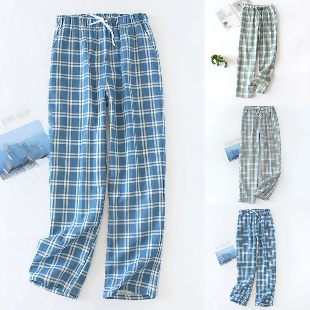 Men Casual Summer Loose Elastic Waist Plaid Pajama Bottoms Pants Sleepwear Pajama Mens Sleep Bottom Home Wear