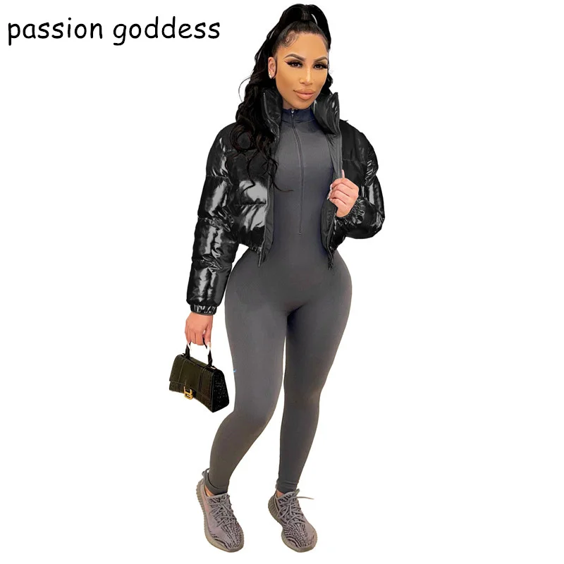 New 2022 Fashion Streetwear Winter Women Padded Crop Jackets Parkas Stand Collar Zipper Bright Puffer Jacket Warm Coats Ladies