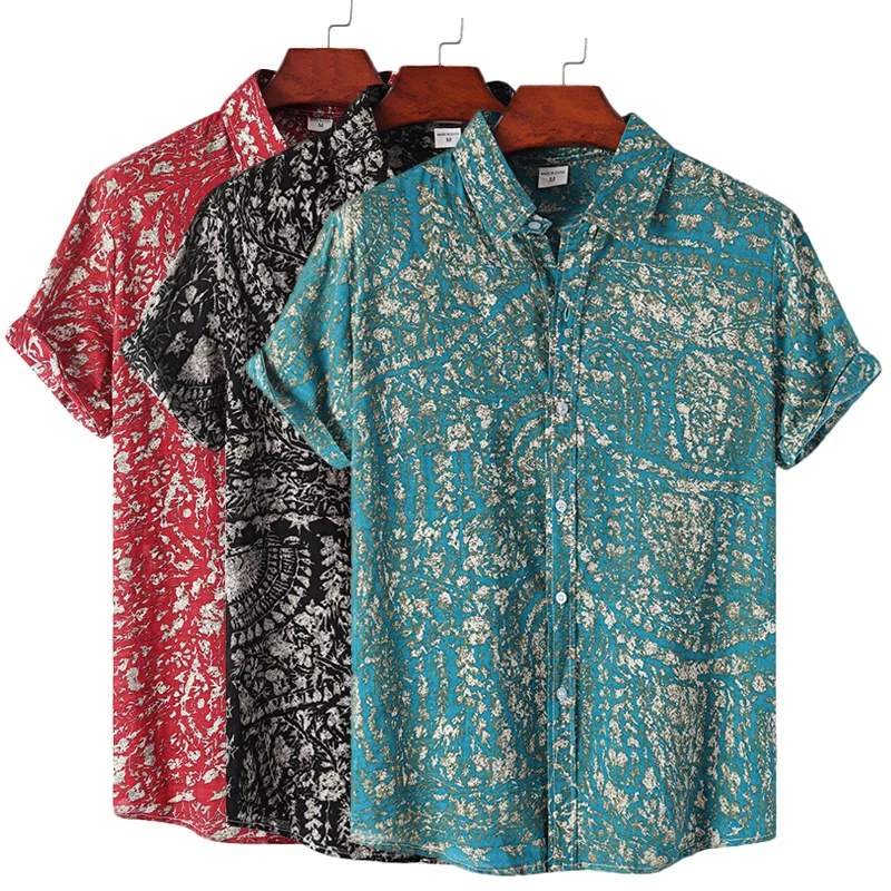 

Men's Cotton Polyester Summer Short Sleeve Shirt Vintage Geometric Hawaiian Beach Male Shirts Casual Blouse For Men