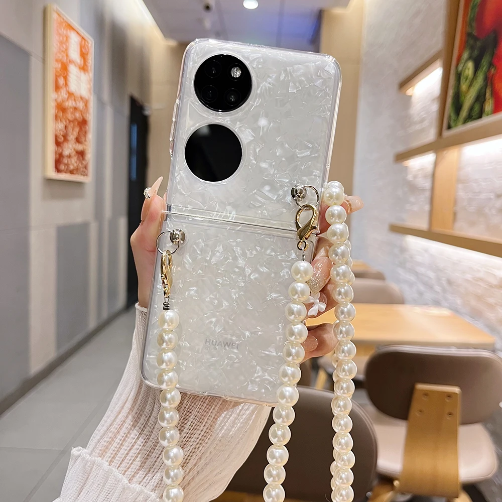 

For Samsung Galaxy Z Flip3 5G Huawei P50 Pocket Full Coverage Phone Case With Pearl Bracelet Strap Design