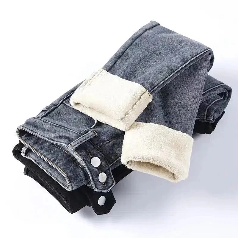 

Осень-зима 2023, бархатные эластичные теплые джинсовые брюки с высокой талией, новые корейские плотные теплые облегающие джинсовые брюки-карандаш с двойной пуговицей