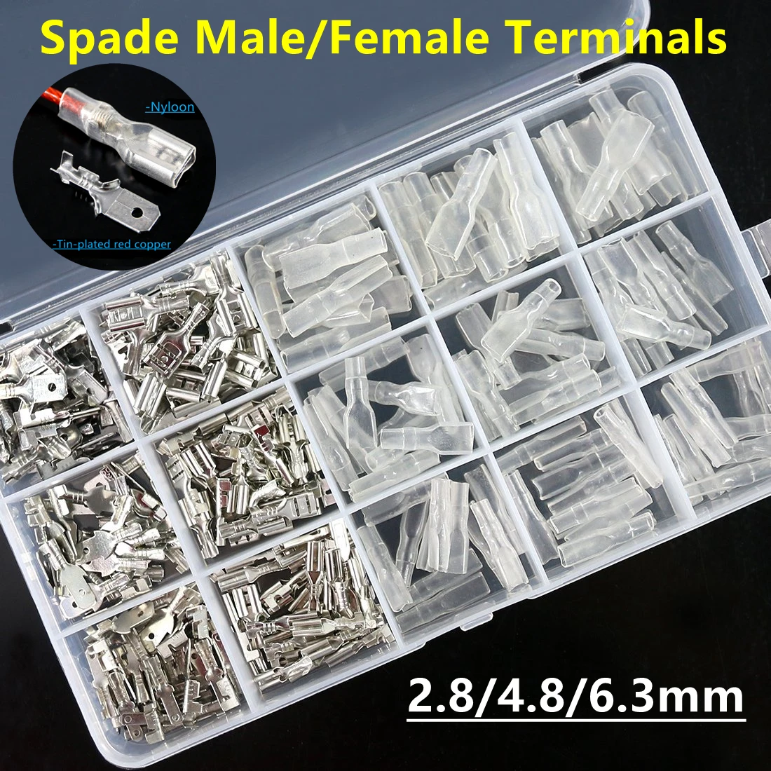 

450/900Pcs Insulated Male Female Spade Connector 2.8/4.8/6.3mm Electrical Wire Crimp Terminal Transparent Sleeve Assorted Kit