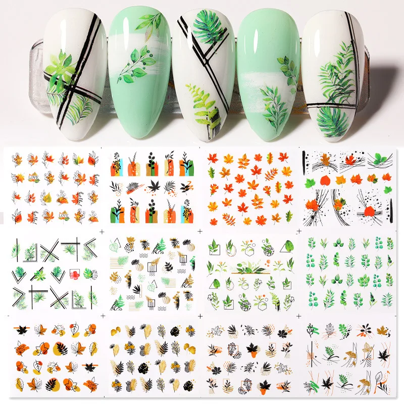 

12PCS Stickers Nail Art Charms Faux Accesorios Designer Supplies Pegatinas Decoration Water Autocollant Leaves Flower Characters