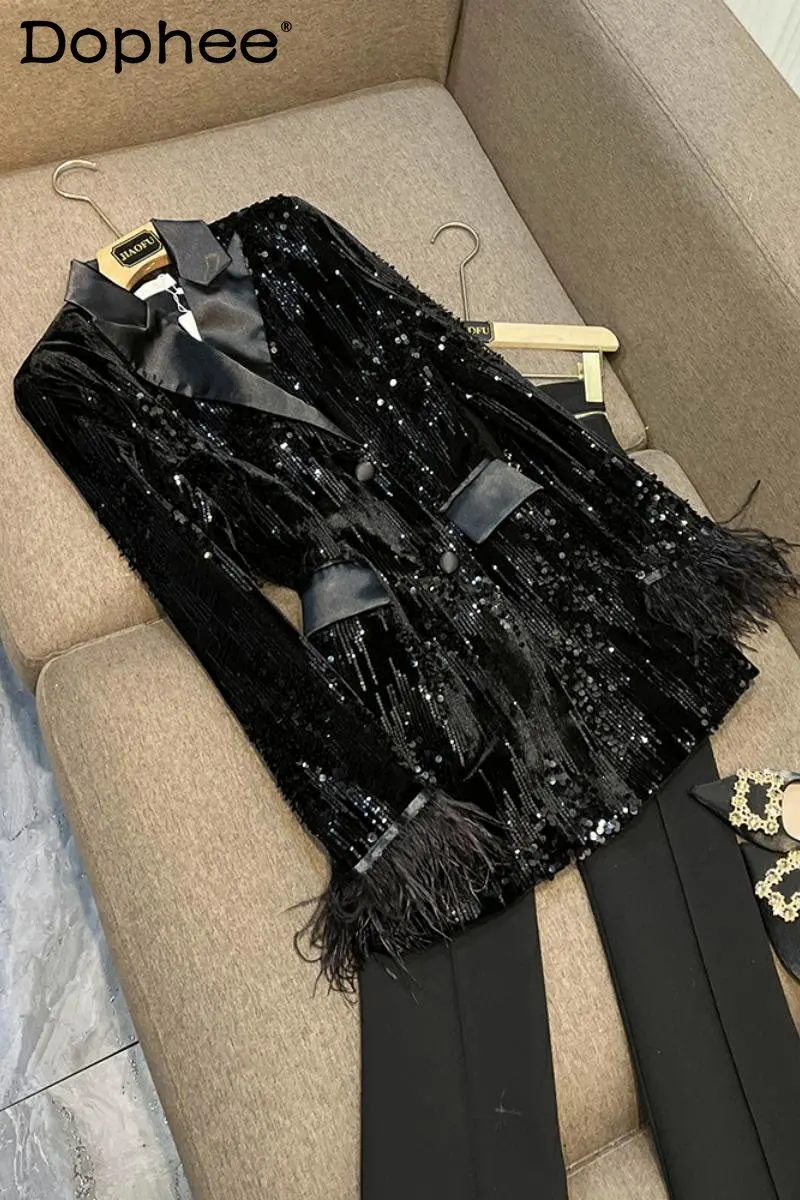 

2023 Spring New Fashion Socialite Luxury Bling Sequined Suit Jacket Women All-Matching Slim Fit Cuff Feather Black Blazer Coat