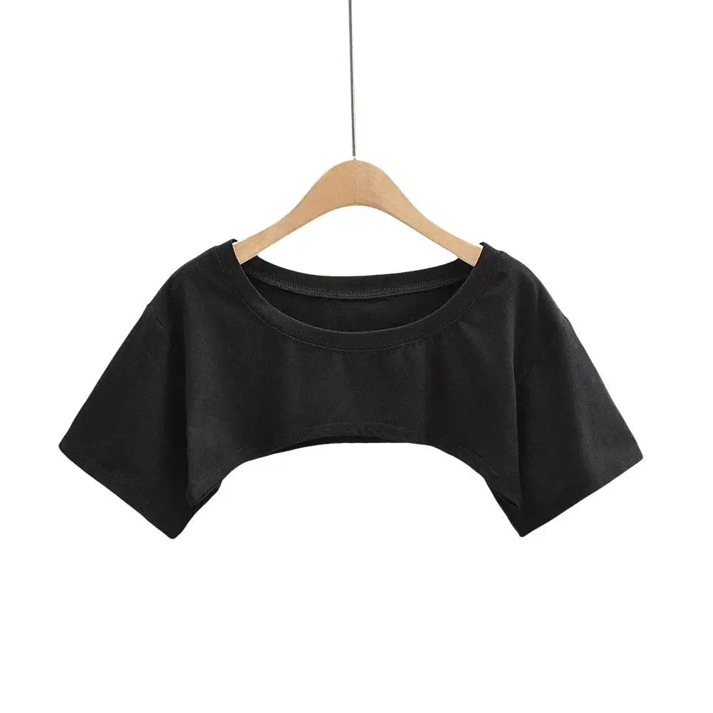 Модные летние топы женские блузки однотонная суперфутболка короткая круглая