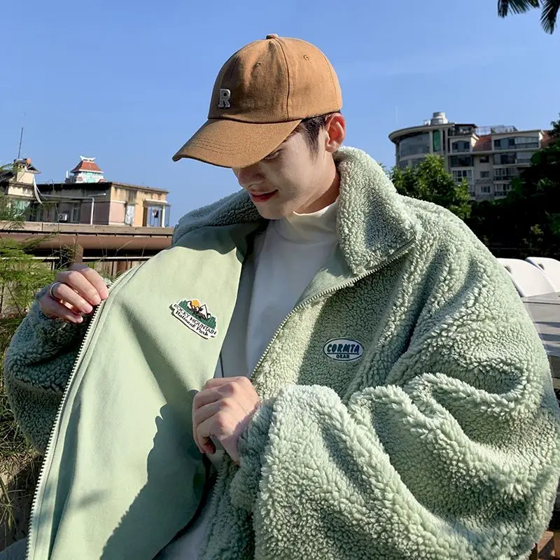 

Both Sides Wear Lamb Plush Jackets Men Autumn Winter Plus Velvet Cotton Black Quilted Coats Korean Fashion Trend Warm Male Top