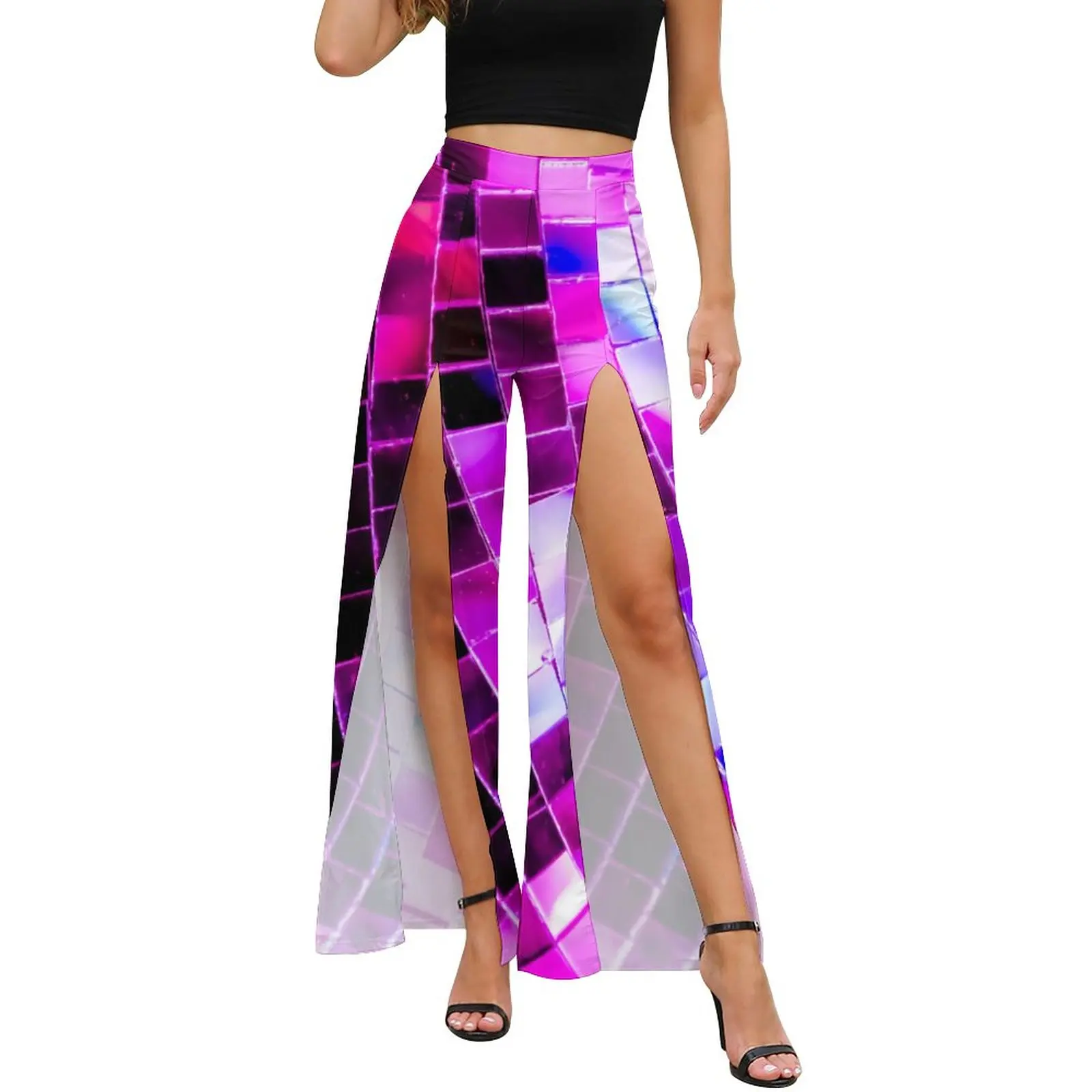 

Брюки женские весенние с принтом, зеркальные широкие брюки с диско-мячом, с фиолетовыми блестками, прямые штаны с разрезом, уличная одежда