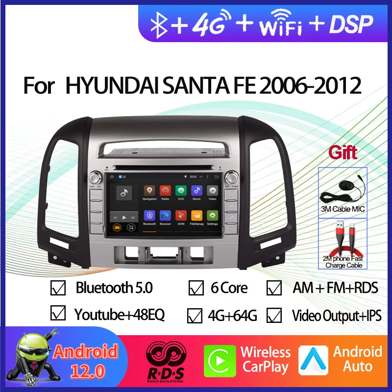 

Car GPS Navigation Multimedia DVD Player For HYUNDAI SANTA FE 2006-2012 3 Holes Auto Radio Stereo With BT WiFi Mirror Link