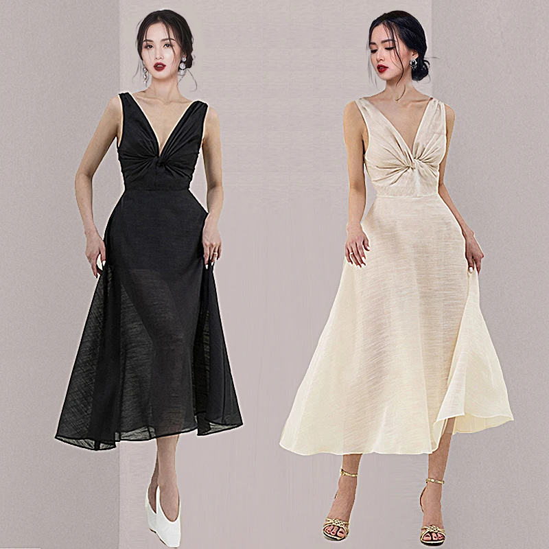 

Женское винтажное платье миди без рукавов, Элегантное повседневное Плиссированное Платье с V-образным вырезом и косым вырезом в уличном стиле, лето