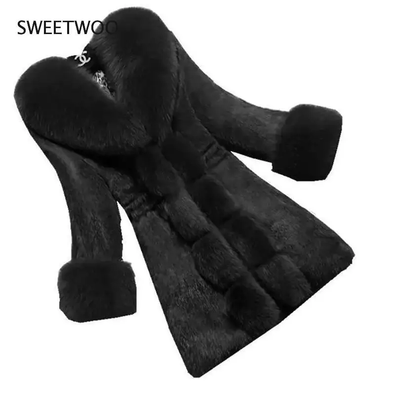 2022 New  Autumn Winter Female Mid-Long Plus Fleece Overcoat Faux Fur Fox Fur Collar Mink Fur Coat Thicken Elegant Tide
