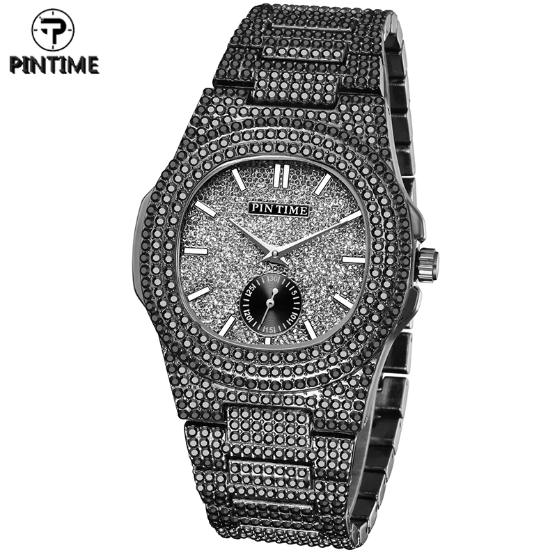 

PINTIME Quartz Watch Men Luxury Full Diamond Hip Hop Full Black Iced Out Watch Men's Wristwatch Clock Male Zegarek Meski Montre