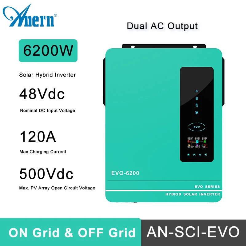 

Anern 6.2KW 3.6KW 3KW 1.6KW Hybrid Inverter Off Grid Dual AC Output MPPT 120A on Grid Solar Inverter 48V 24V 12V 230V PV 500Vdc