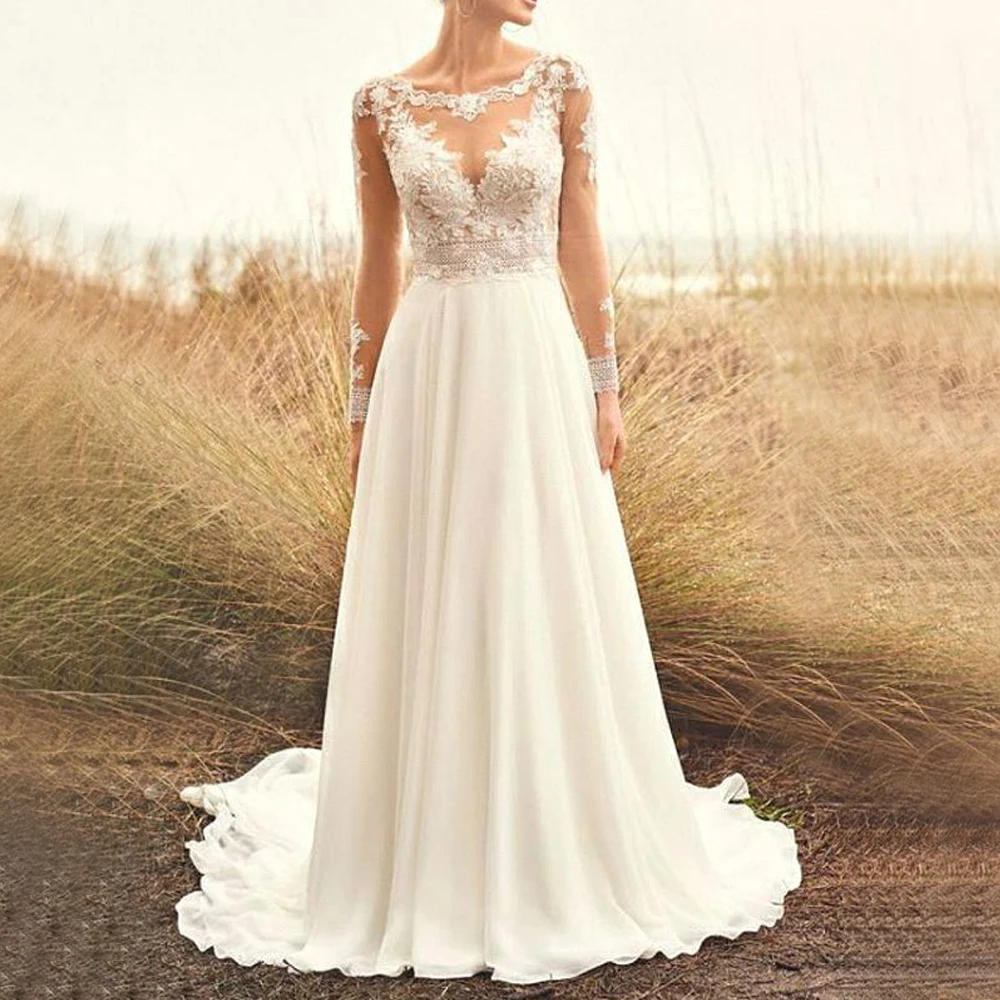 

Long Sleeves Boho Wedding Dresses 2022 Boat Neck Lace Appliques Floor Length Chiffon Bridal Gowns Sweep Train Vestidos de Novia