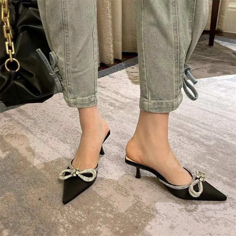 2023 New Fashion Butterfly-knot Women Slippers Thin Low Heels Pointed Toe Design Slip on Summer Mules Slides Shoes Woman Sandals
