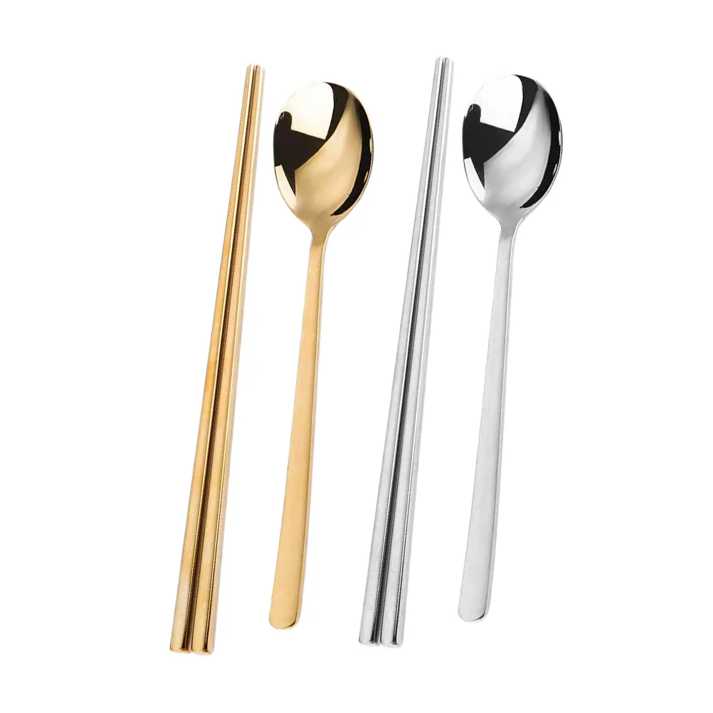 

2 Sets Long Stainless Steel Soup Spoon Hollow Chopsticks Dinnerware for Restaurant