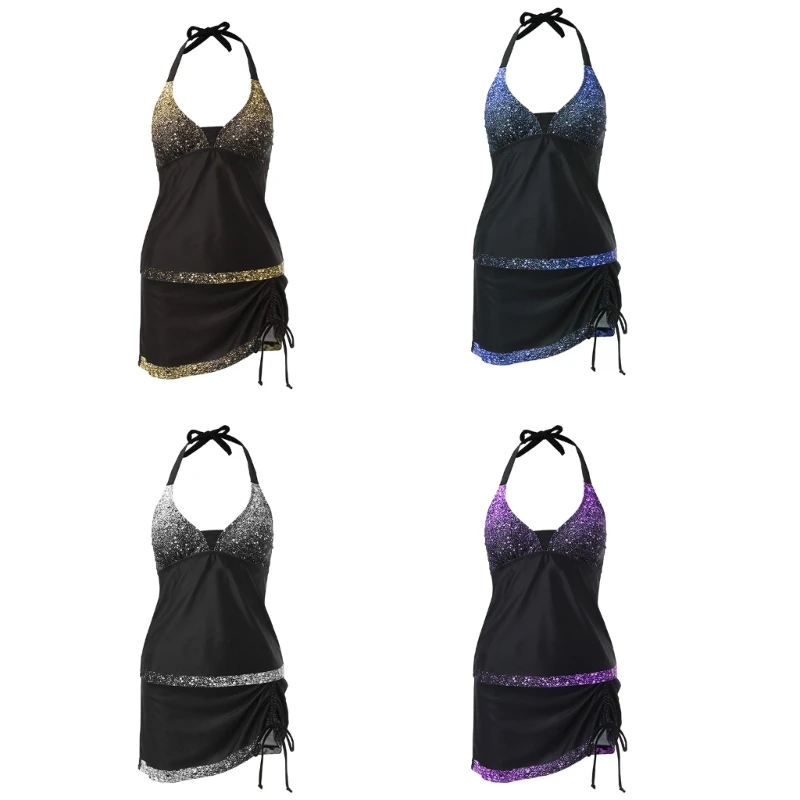

Womens High Waisted O-Ring String Tankinis Set with Skirt Block Bikini Set Split Printed Swimsuit Ruffled Swimming Suit