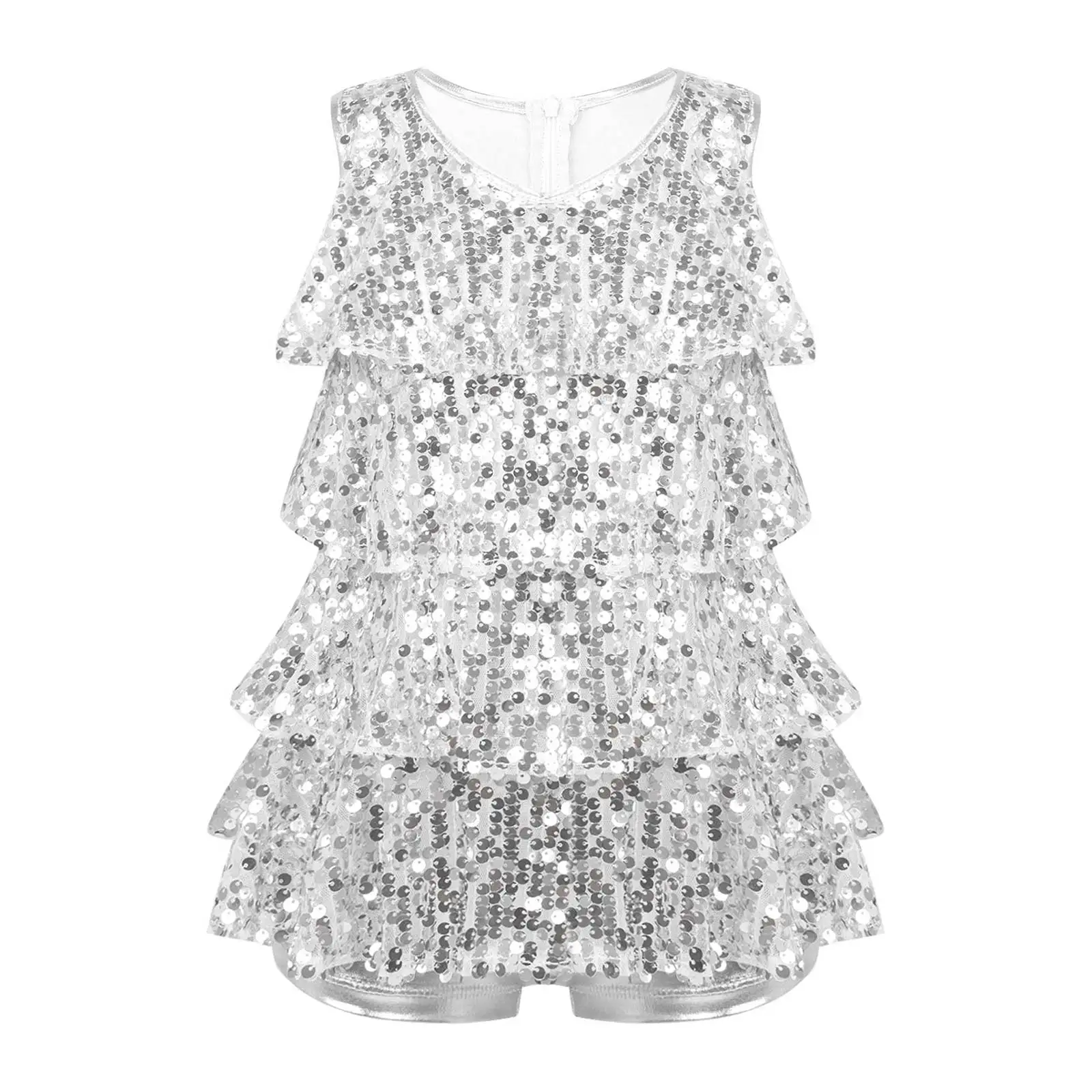 

Kids Girls Stylish Clothing Sleeveless V Neckline Shiny Sequins Decorated Tiered Style Bronzing Cloth Jazz Dance Wear Leotards