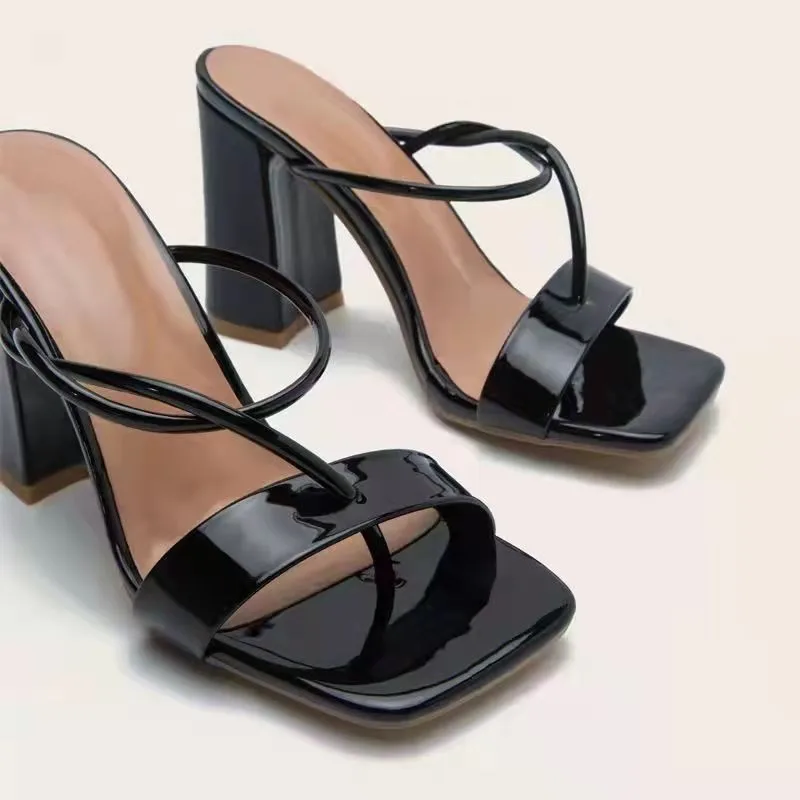 

Женские кожаные шлепанцы, открытый носок, без застежки, квадратный каблук, летняя Уличная обувь, домашние тапочки