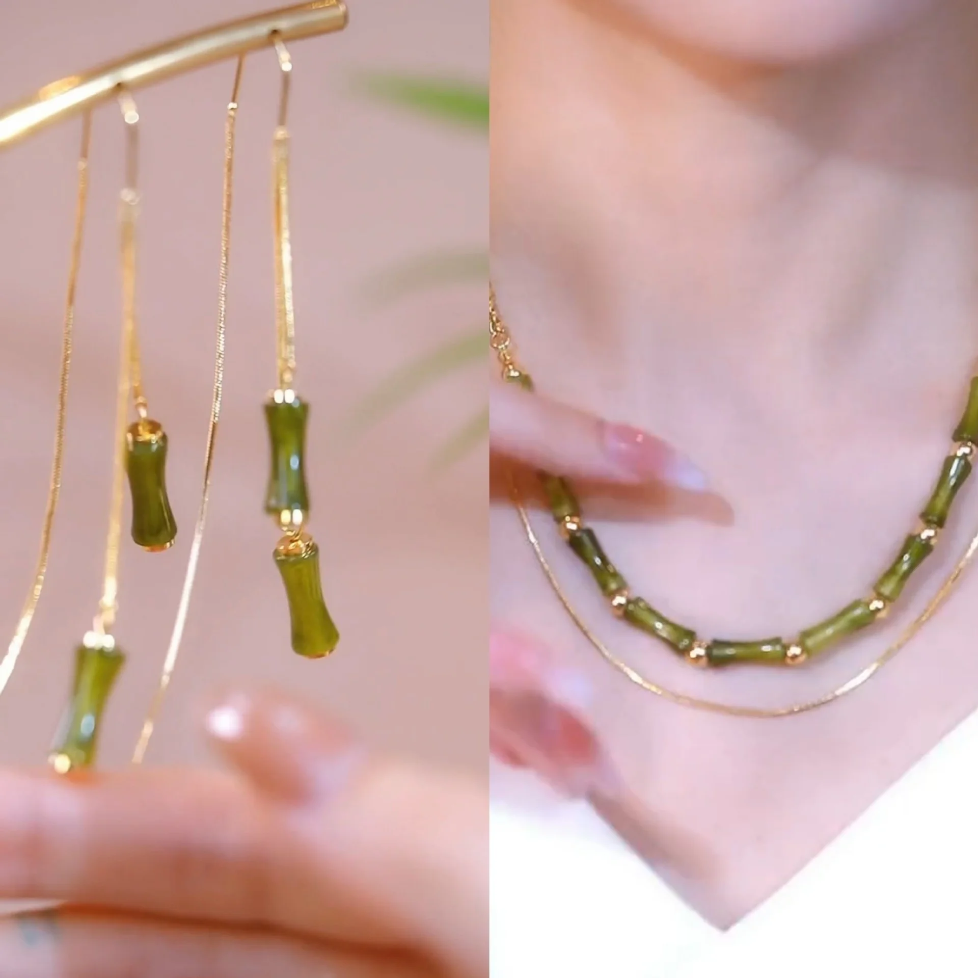 

[Xiuzhu]Temperament antique style tassel green cat's eye tassel slub ear thread slub necklace suit temperament