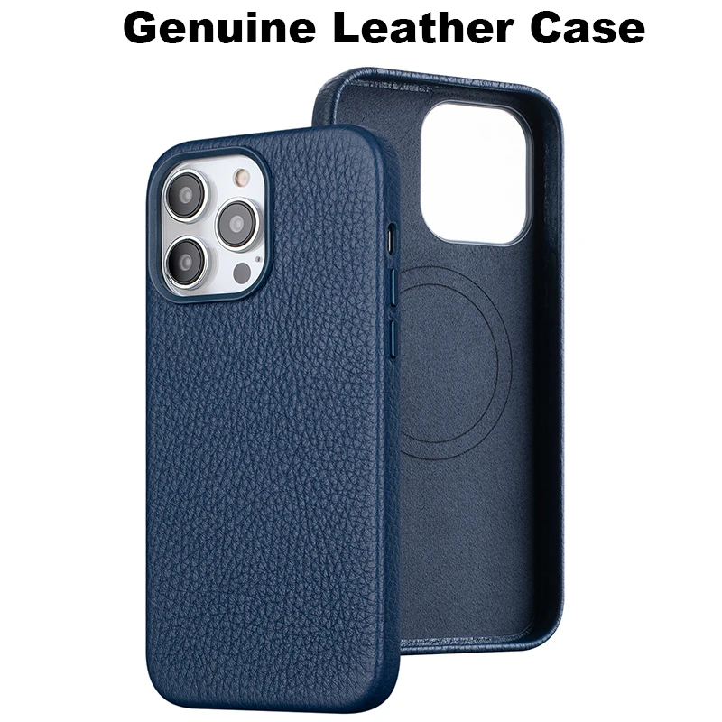 

Soft Genuine Leather for iPhone 14 Pro Max Case Leather Business for iPhone 13 Pro Max Magnetic Charging Back Cover Blue Color