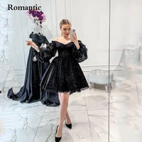 romantic party dresses ball gown black sequin tulle mini above knee puff sleeves birthday dresses sweetheart short prom dresses